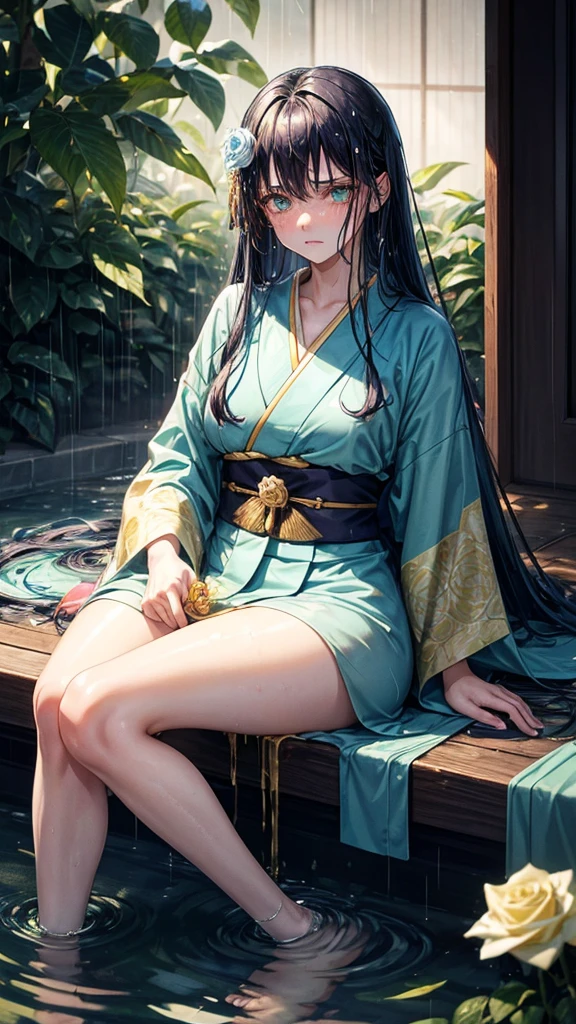 Young woman with long dark blue hair sitting soaked by the rain with a look of terror and sadness crying her eyes are yellow wearing a water green kimono with gold pattern detail holding in her hand a white rose stained by blood