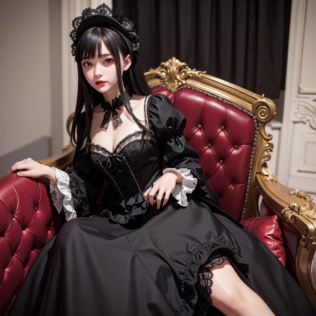 Baroque, Gothic ta, Lovely, 1 Girl, Solitary, whole body, Black Sofa, Black skirt, absurd, White lace, high resolution, Extremely detailed, The most detailed, Red lips