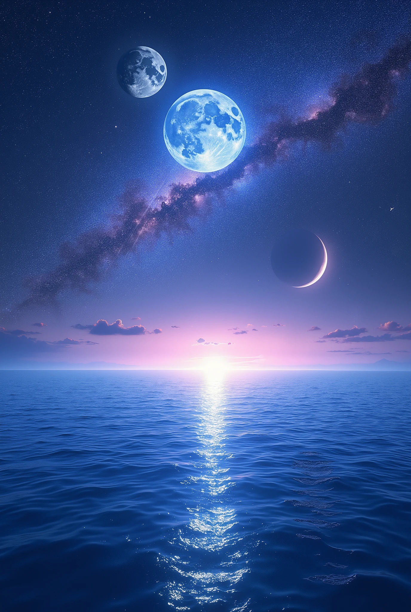 best quality, Full-HD, landscape photo, the universe, ocean, gradient blue background, gradient purple background, in the space, with a moon, with a full moon, with a crescent moon, with stardust, with a planet, with a comet, with a galaxy, at midnight, at night