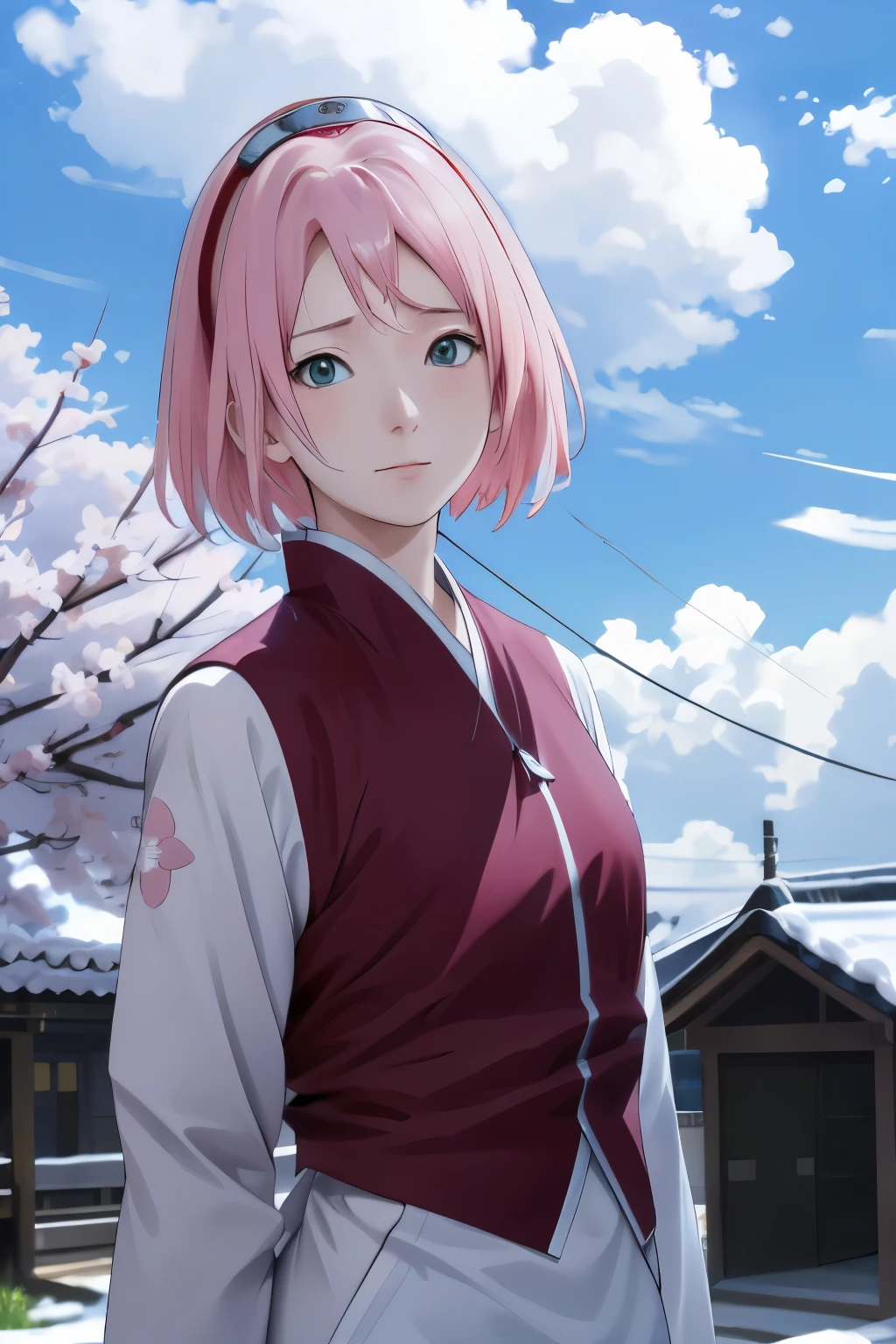 Sakura NS、8k、masterpiece、Best image quality、Very detailed、Perfect body、Moderate bust、Skin glows、Real、scenery、Cloudy、On the roof、Close-up、Photographed from the front、Fisheye Lens