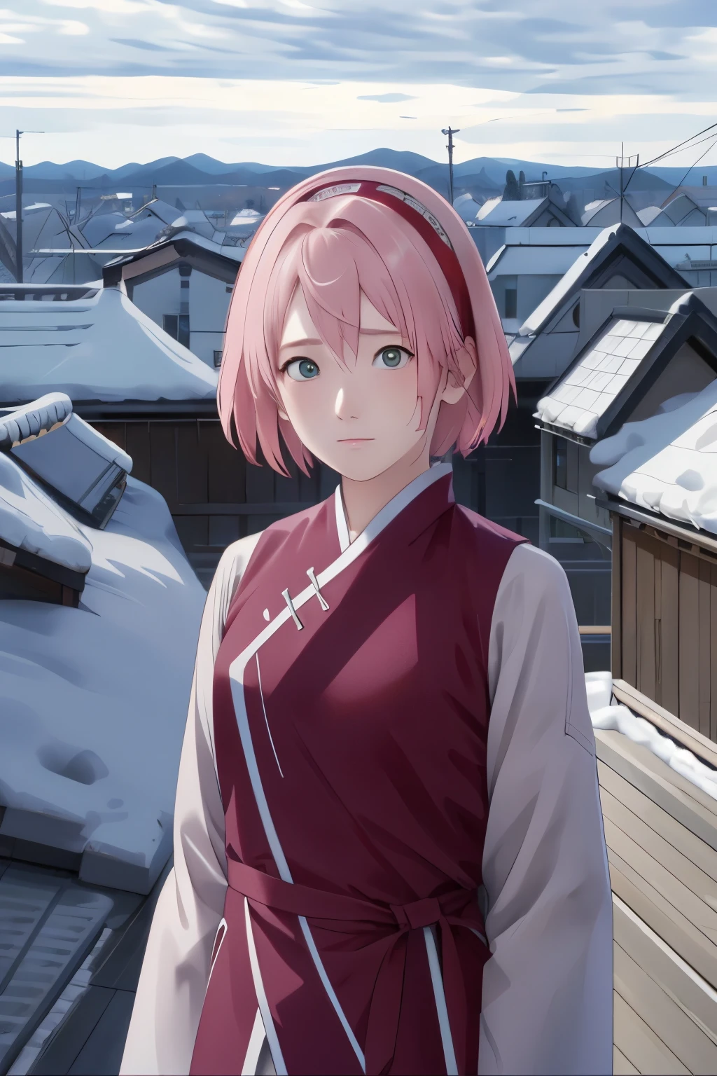 Sakura NS、8k、masterpiece、Best image quality、Very detailed、Perfect body、Moderate bust、Skin glows、Real、scenery、Cloudy、Rooftop of a multi-tenant building、Close-up、Photographed from the front、Wide-angle lens