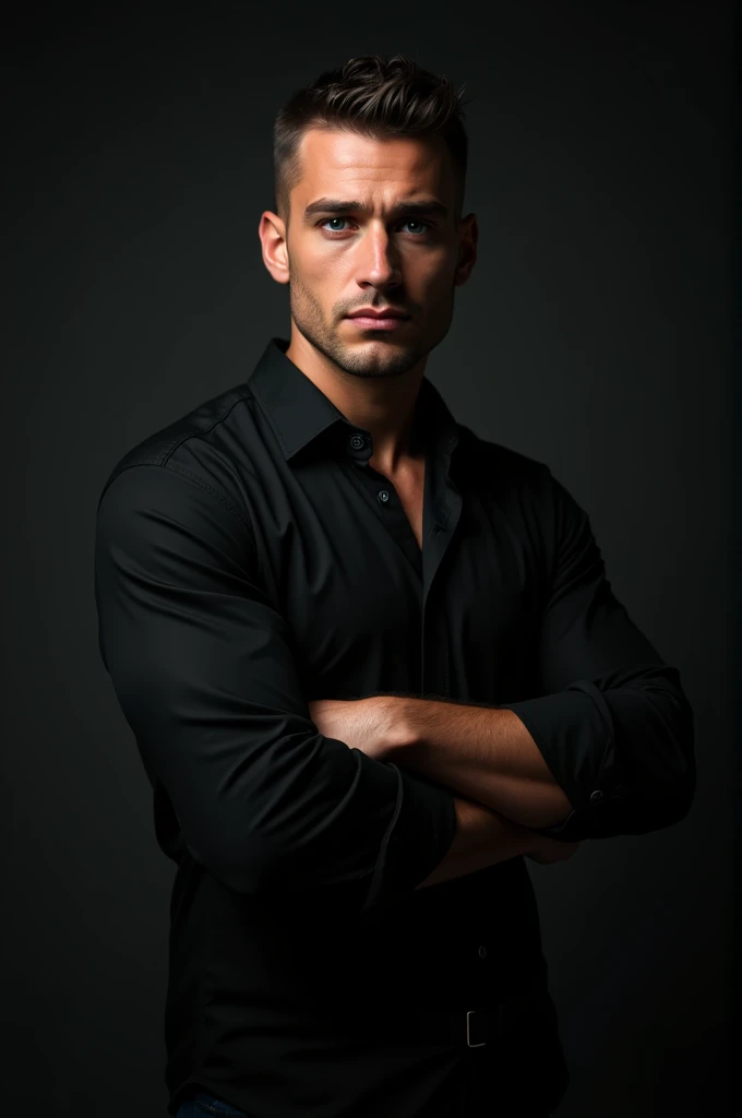 A man of about 2, with a domineering and dark aura, that looks like it's from the mafia, May he be white-skinned, blue eyes and wearing a black button-down shirt that is rolled up to the elbows and has his arms crossed, and that he is Italian and that he is strong but not too much, just make it obvious that he goes to the gym, that he is very attractive