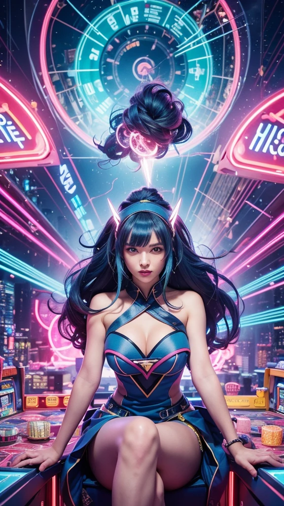 /imagine prompt: In a neon-lit casino, vibrant with electric energy, the walls are adorned with glowing signs in vivid pinks, blues, and greens, reminiscent of a bustling anime cityscape. At the center, an anime-styled vintage slot machine gleams under the kaleidoscope of lights. The machine’s rollers spin rapidly, then gradually slow, revealing three cartoon-style lightning bolts in perfect alignment on the reels. Each bolt is a bright yellow, pointed at both ends, with sharp, clean edges and only five points, Seated before the machine is an attractive young woman, illustrated in a detailed anime style with large, expressive eyes, vibrant hair, and a sleek, stylish outfit that catches the ambient neon light. Her expression is a blend of excitement and determination as she grips the lever, pulling it with anticipation, her gaze locked on the glowing bolts as they line up on the rollers. The scene radiates tension and potential, captured in the dramatic, with the surrounding casino fading into a blur of colors and sounds—clinking coins, distant cheers, and the hum of machines—creating a surreal moment focused entirely on the promise of victory. --ar 16:9 --v 5 --style anime --quality 5