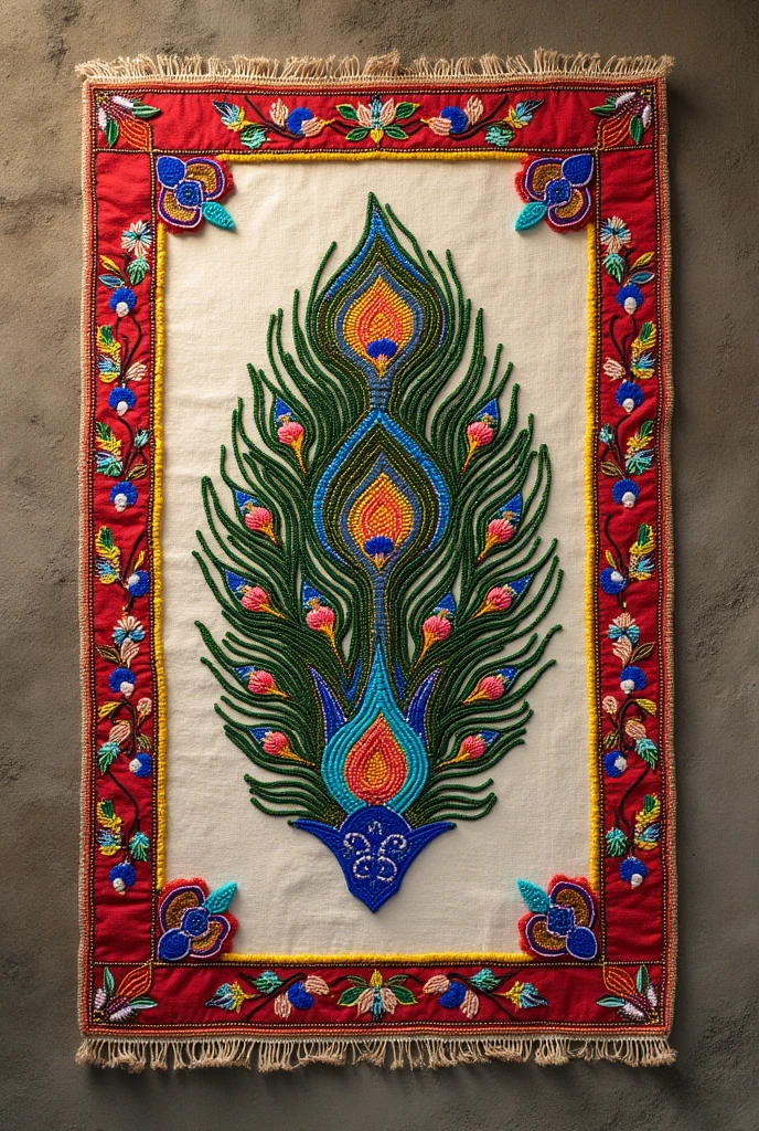 Rectangular 8 number moti beaded mat with colourfull morpankh on it