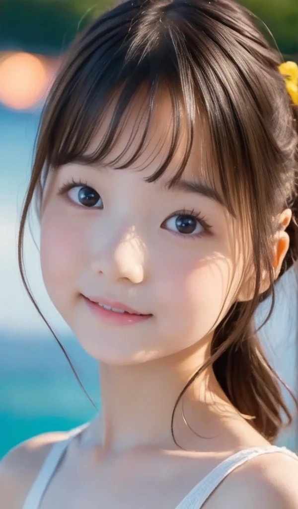 Masterpiece, 8K, UHD, adorable, very pretty, adolescent, seaside, Japanese girl, (portrait, close-up:1.2), scrunchie,( cheek, glossy lips:1), mini frilled bikini, looking at viewer, beautiful physique, sweaty, (baby face), (suggestive, shy smile:0.7), (pale skin:1), (from the top front), sunset,  catch_light, the charm of adolescent, Gorgeous, show off the cuteness