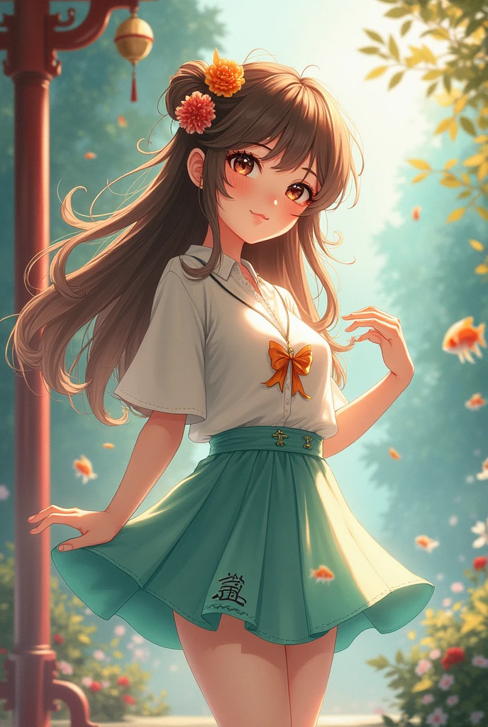 Goldfish Girl，Brown long hair，Chinese style，Short skirt，Japanese Anime