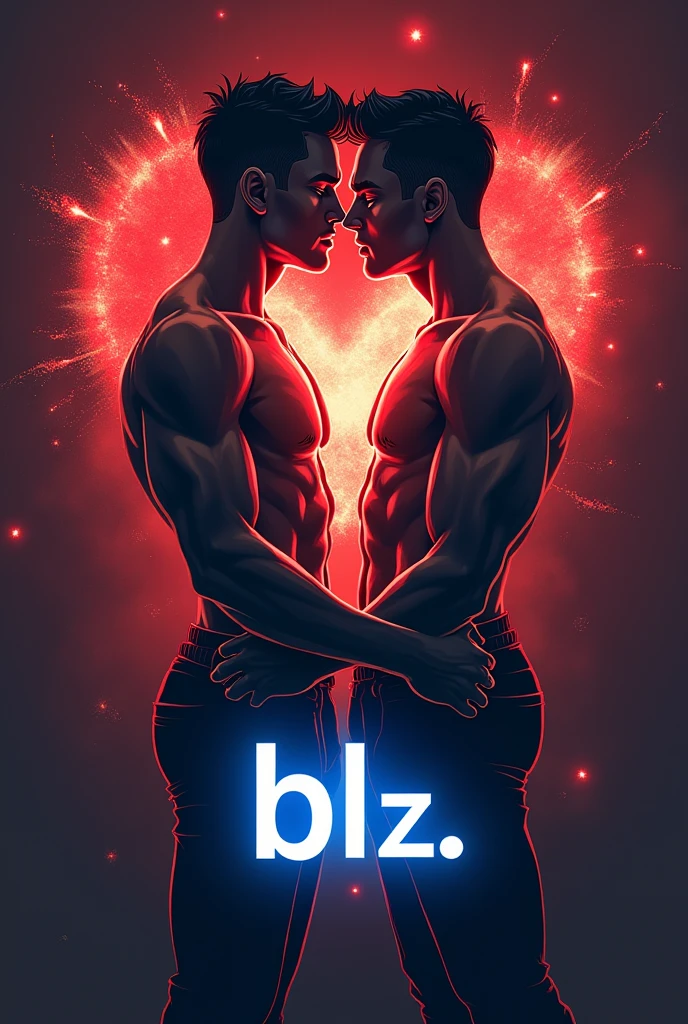 Two stylized male figures in a dynamic, close pose, with their bodies forming a subtle heart shape. The font could be sleek and modern, with the word "BL" in a bold, deep red or black, while "Editzzz" is in a playful, electric blue with a slight neon glow. The background could include a faint, fiery gradient or some abstract spark elements to add a touch of spice. This design would encapsulate the romantic, intense, and creative nature of your content.