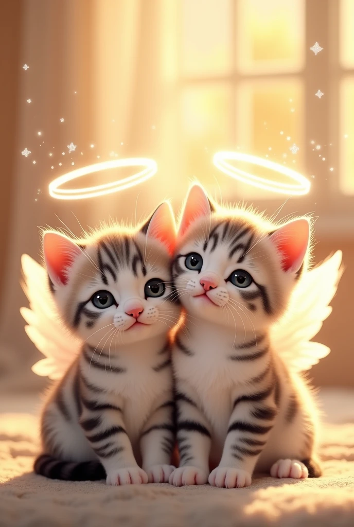 2 black striped kitten smiling angelic halo wings