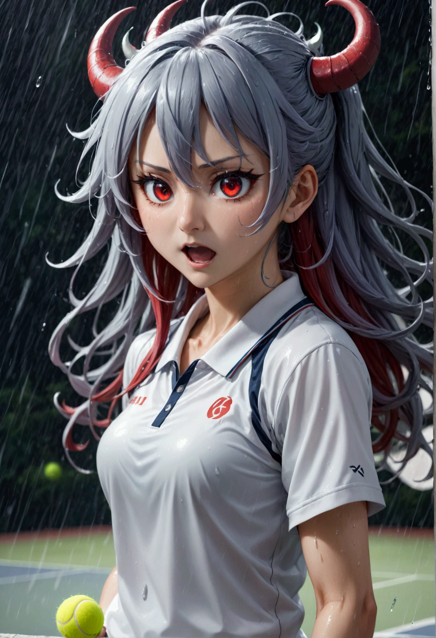8k, Highest quality, Manga style, View your viewers, Intricate details,One person, Nakiri Ayame, ２Demon horns in the book, Multicolored Hair, Long Hair, Red eyes, Gray Hair, Tennis Wear, tennis racket, The moment the tennis ball is hit back, Sweating, Full body portrait, Being hit by rain, Soaking wet