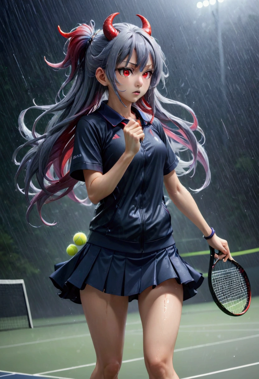 8k, Highest quality, Manga style, View your viewers, Intricate details,One person, Nakiri Ayame, 2Demon horns in the book, Multicolored Hair, Long Hair, Red eyes, Gray Hair, Tennis Wear, tennis racket, The moment the tennis ball is hit back, Sweating, Full body portrait, Being hit by rain, Soaking wet