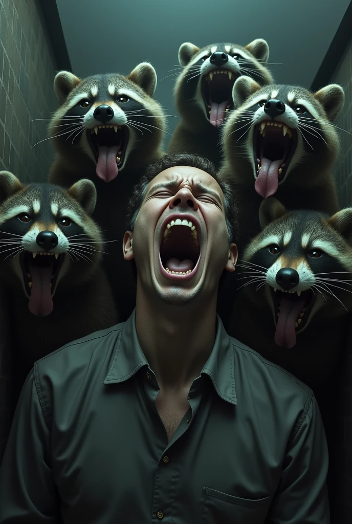 People with big black mouths crying and behind these people a bunch of raccoons with their tongues hanging out as if they were hungry to eat these people with black mouths