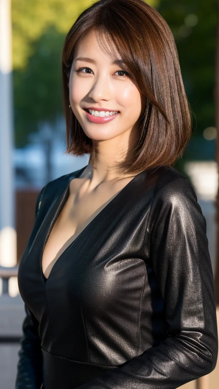 Best Quality, 8k, 32k, Masterpiece, UHD:1.3), Photo of Attractive Japanese Woman, brown head, 1 Girl, Abs, Perfect Body, Ultra Detailed Face, Detailed Lips, Fine Eyes, double eyelids, black outfit , tight clothes, massive cleavage, cute smile