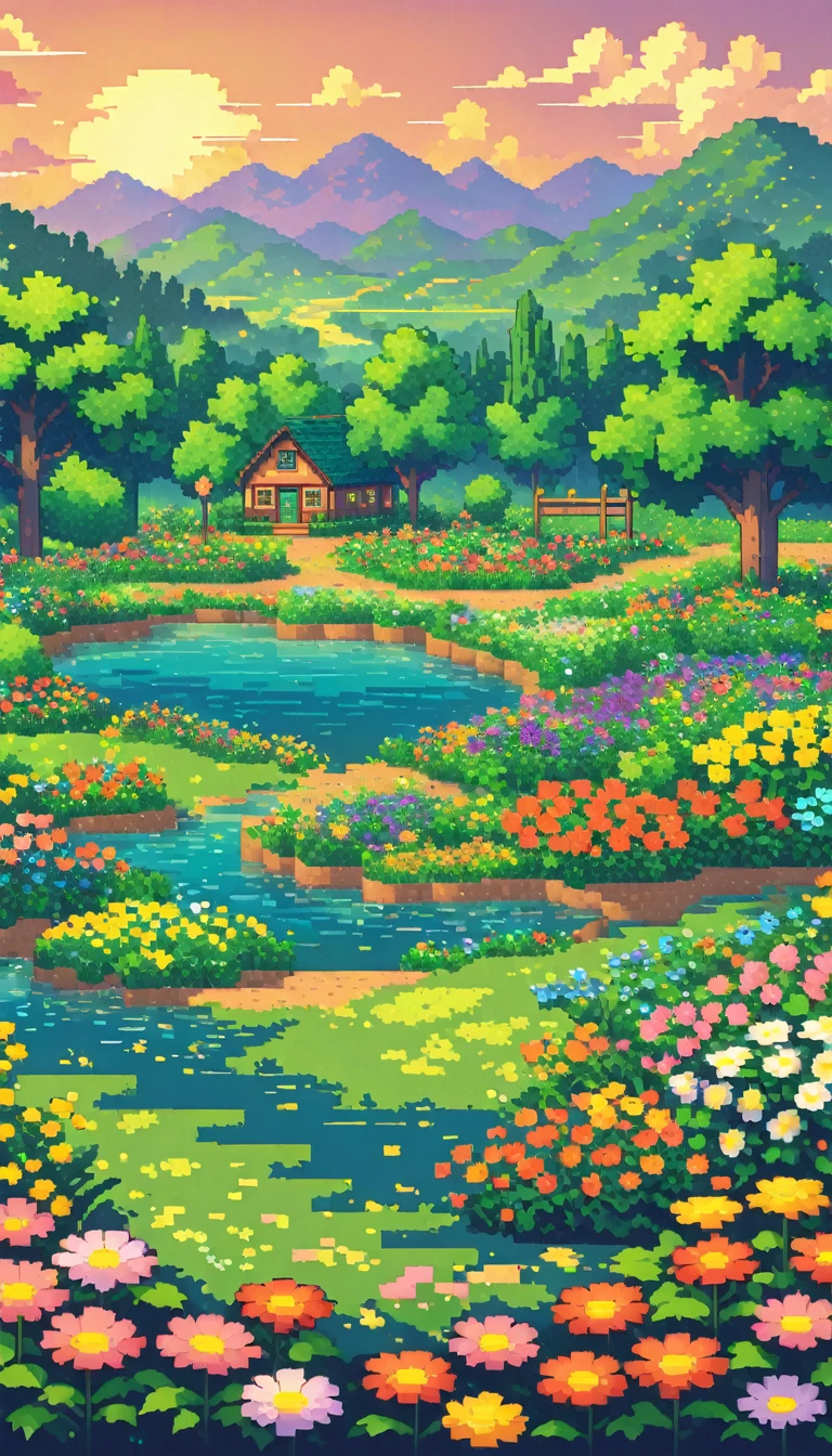 ultrawide landscape lofi stardew valley pixel, Flower garden, No people