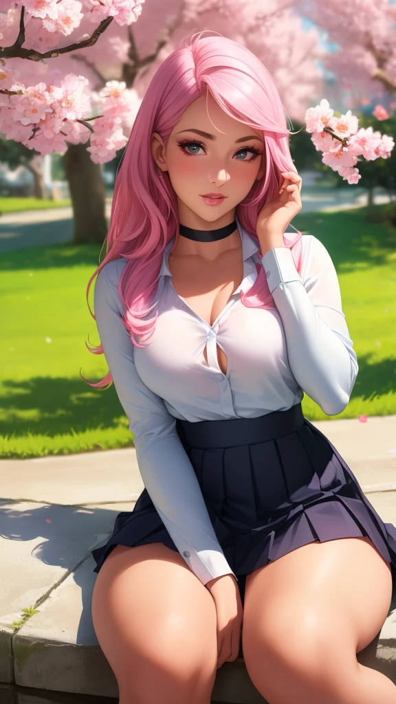 (best quality, ultra-detailed, photorealistic: 1.39), bright and vibrant colors, studio lighting, romantic expression, An effeminate girl, with a delicate and beautiful face. has a thin body, but well designed, your skin is white and very pale. her hair is pink, likes to wear makeup, ((Wear a black choker)), outfit emocore, schoolgirl long sleeve blouse, schoolgirl pleated skirt, in the park, sitting on the lawn with flowers, coast on the cherry tree, beautiful cute gesture
