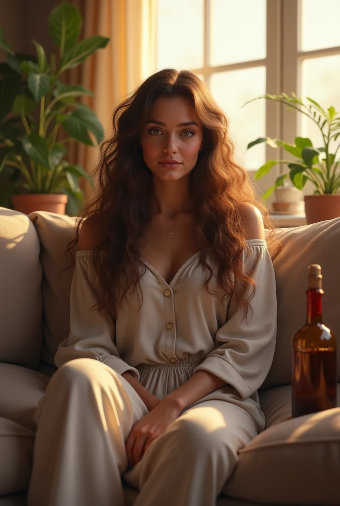 (photorealism:1.2), beautiful dwarf woman, sitting on couch, wearing loose off-shoulder top, pajama pants, long curly hair, indoors, soft lighting, plants in background, window with sunlight, cozy room, relaxed pose, realistic, bottle of wine, warm colors