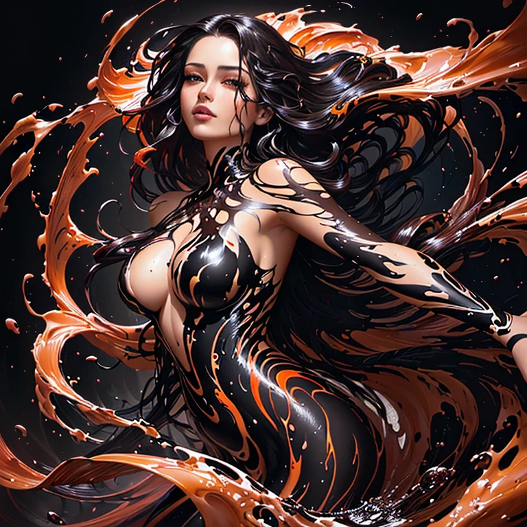 painting of a woman with loose hair and flowing liquid, glossy digital painting, karol bak uhd, the body is painted with black liquid, smothered in melted chocolate, Airbrush digital art, Dark chocolate painting, sultry digital painting, red paint, gorgeous digital art, Chrome Art, beautiful gorgeous digital art, stunning detail in digital art, red liquid, chocolate art