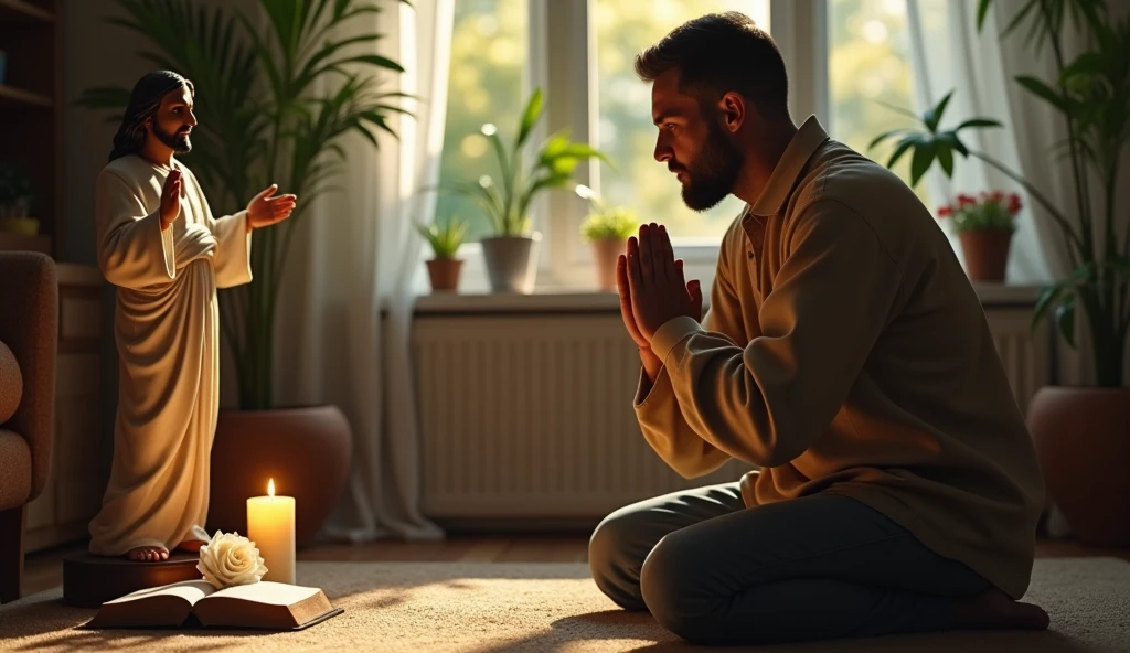 image of an ultra realistic man kneeling thanking God for another day that begins, in the living room of your house, in the background image of plants, figure of happy jesus with open arms, a burning candle, the bible with a white rose inside, convey depth