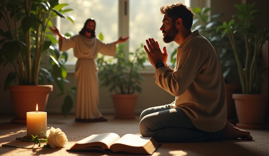 image of an ultra realistic man kneeling thanking God for another day that begins, in the living room of your house, in the background image of plants, figure of happy jesus with open arms, a burning candle, the bible with a white rose inside, convey depth