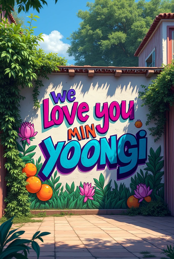 Wall on a Brazilian street with vegetation on the sidewalk, withouth People, with graffiti saying:' we love you Min Yoongi '. with purple details, small drawings of tangerines and lotus flower.