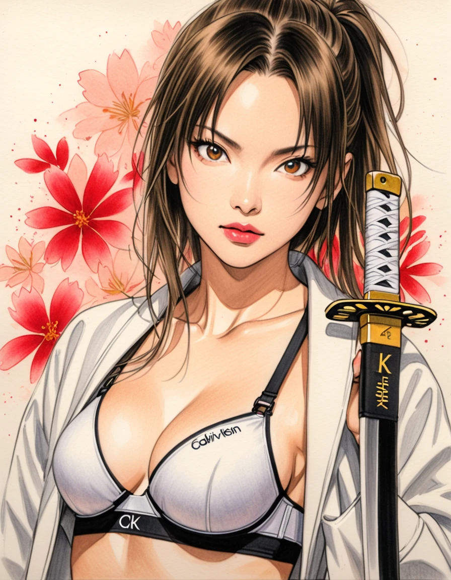 Woman, Calvin Klein Spo Bra, White, Art, Colored Pencil Drawing, Ink Painting, (Movie: Kill Bill's Japanese Sword)