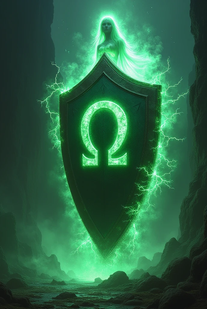 Only Shield with green omega symbol and green ghostly liz and electric current
