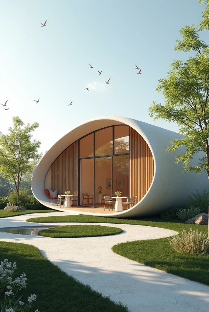 Simple Structure and facade of a single storey cafe building with the concept of fluidity and murmuration