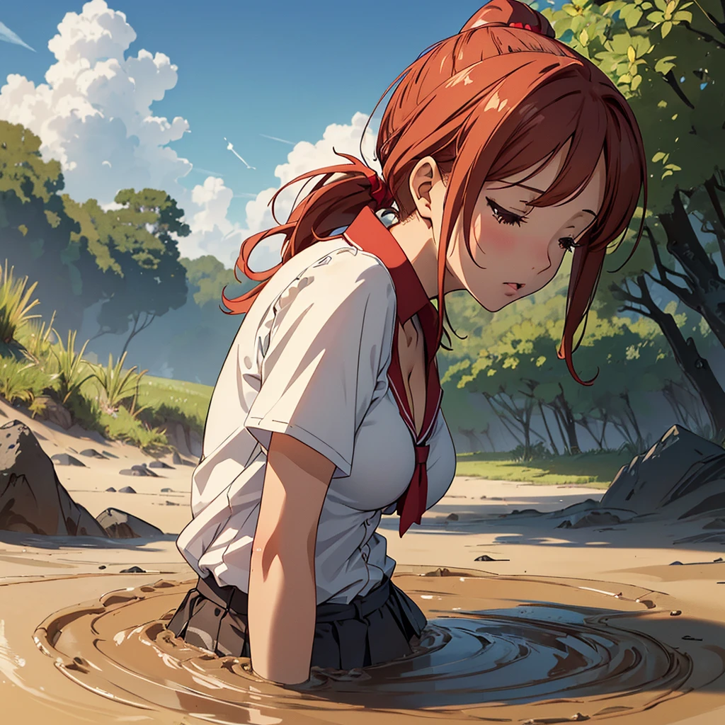 1girl, solo, masterpiece, best quality, high res, highly detailed, (illustration), yuigahama yui, red hair ponytail, glossy lips, light makeup, orgasm, (head cocked back towards the sky:1.5), intimate moment, school shirt, cleavage, (quicksand:1.4), (from side:1.5), bog, swamp, eyes closed, mouth gasp,