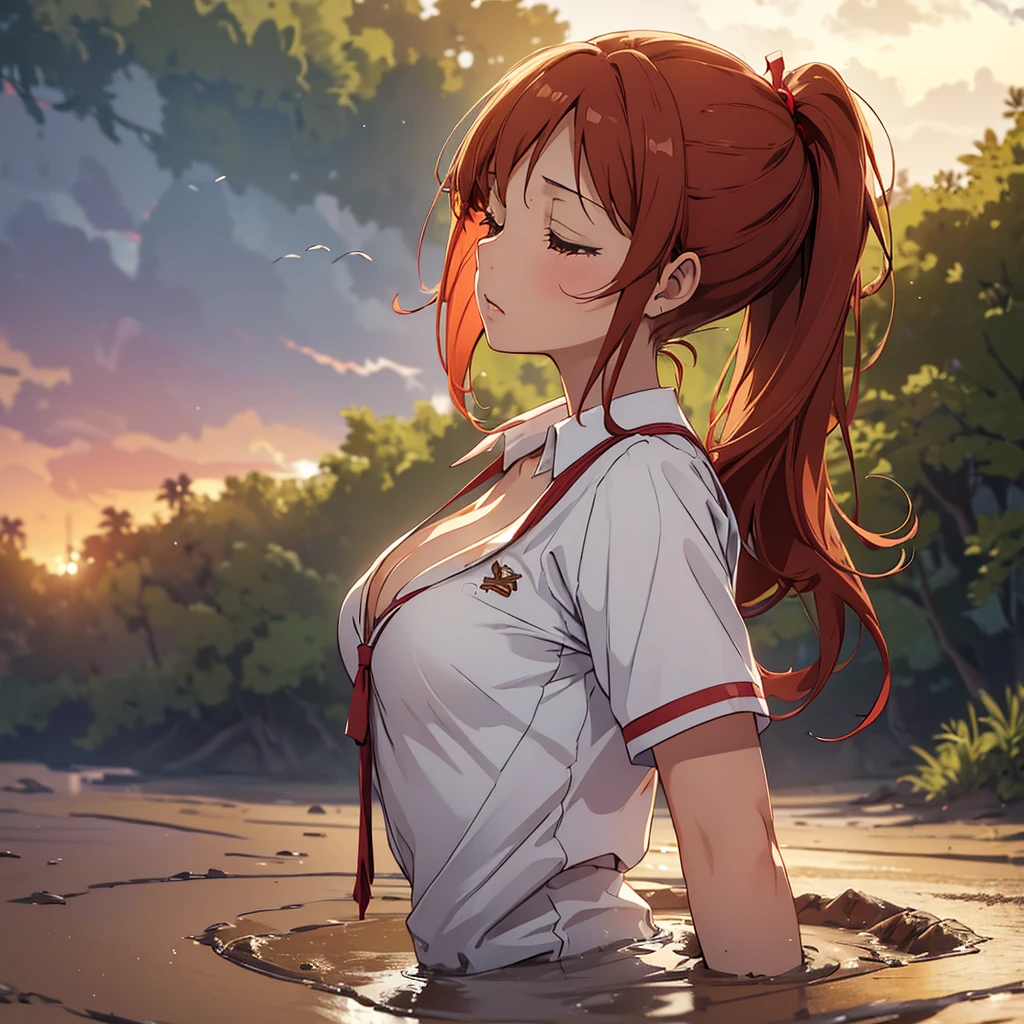1girl, solo, masterpiece, best quality, high res, highly detailed, (illustration), yuigahama yui, red hair ponytail, glossy lips, light makeup, orgasm, (head cocked back towards the sky:1.5), intimate moment, school shirt, cleavage, (quicksand:1.4), (from side:1.5), bog, swamp, eyes closed, mouth gasp,