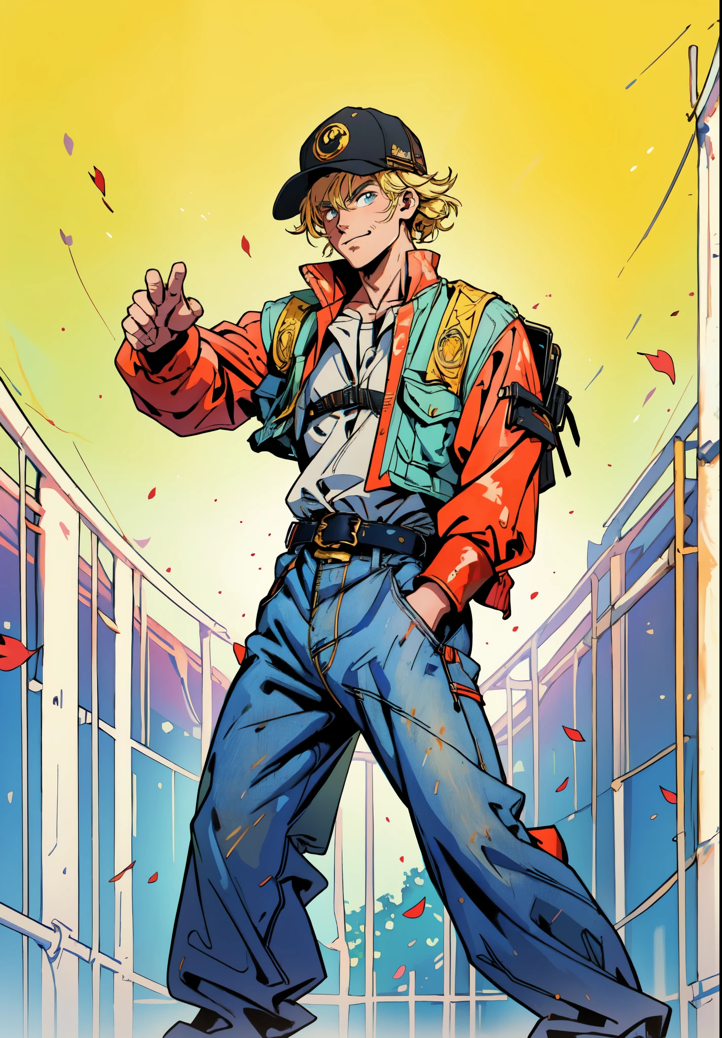 (masterpiece:1.2, best quality:1.2, extremely delicate:1.2), ((male:1.5)), a young man with blonde hair, wearing a red baseball cap backward, messy bangs windblown, a handsome face, a lazy gaze, a confident smile, a fantasy-realism style blue work vest jacket, underneath is a dark blue denim long robe with a long hem, a leather belt, loose coarse cloth trousers, strikes a kung fu pose in a horse stance, as fallen leaves are swept up by a whirlwind around him, this character embodies a finely crafted fantasy-realism style kung fu warrior in anime style, exquisite and mature manga art style, dramatic, high definition, highres, ultra-detailed, ultra-fine painting, professional, perfect body proportions, golden ratio, anatomically correct, symmetrical face, extremely detailed eyes and face, high quality eyes, creativity, RAW photo, UHD, 32k, Natural light, cinematic lighting, (masterpiece-anatomy-perfect:1.2)