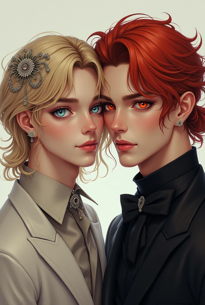 An androgynous MAN, delgado, smiling, Blonde hair with wavy ends and hairstyle with hair ornaments, She has big blue eyes and a smile with pink lips dressed elegantly, He looks delicate The other red-haired man with long hair tied in a ponytail, He dresses rocker and has red eyes, is strong and attractive. both are white skinned