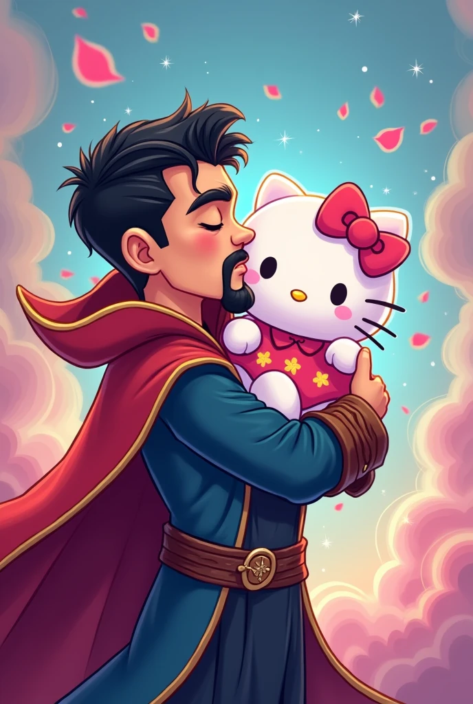 Create a drawing of Dr.. Strange young man with goatee in love with Hello Kitty giving a kiss cartoon disney version kawaii