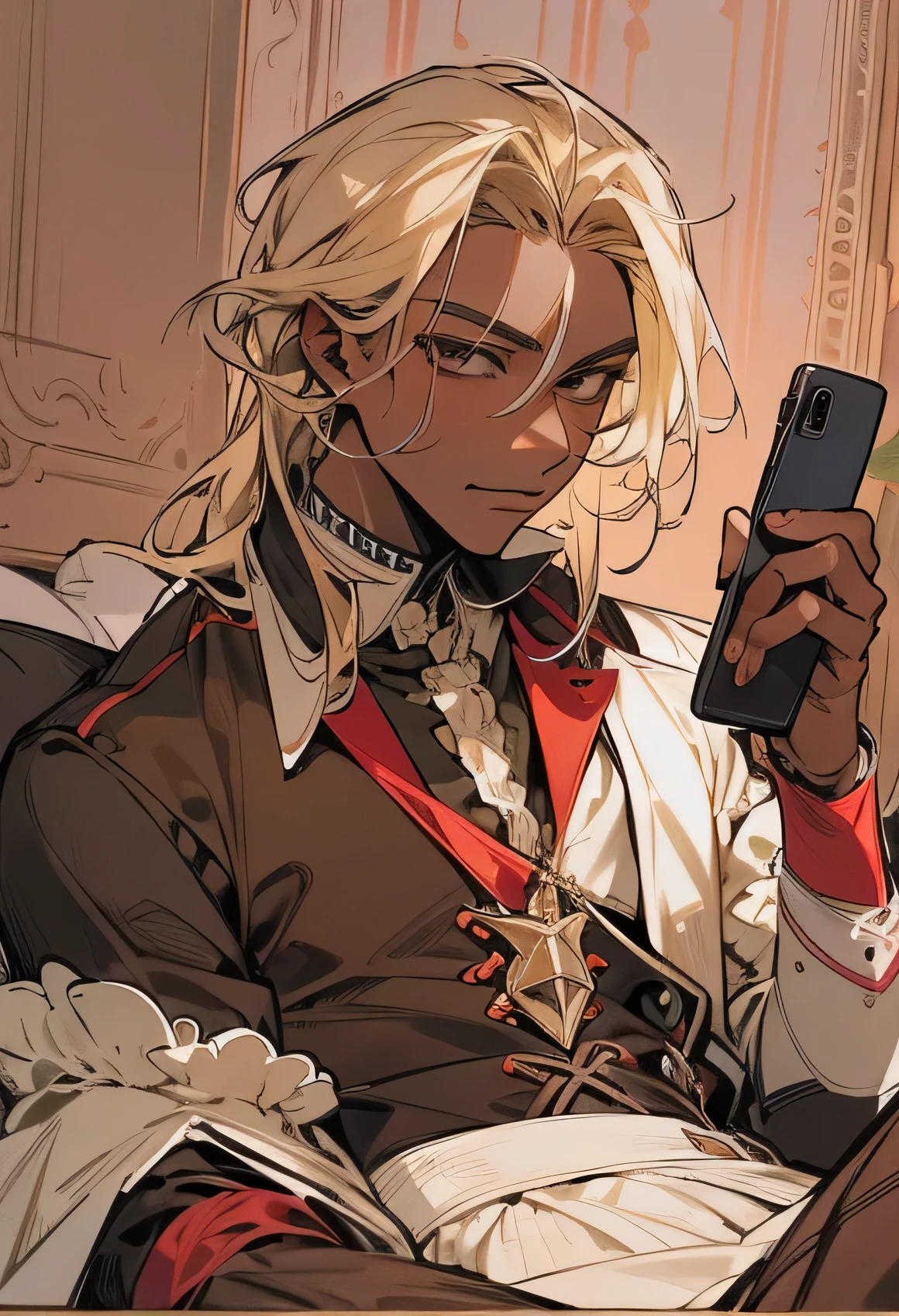 anime adult black man, male, long waist length bleached blonde hair, hair is waist length, long hair,  hazel eyes,brown eyes, dark skin, lean build, Mid waist shot, sitting on edge of bed. Wearing black classical bellamy shirt with ruffles, with slacks. Masculine jawline. Has a sexually pleasured facial expression with a soft smile. Background is of an expensive bedroom with red colors with hints of green plants. Is holding a phone, looking at phone 