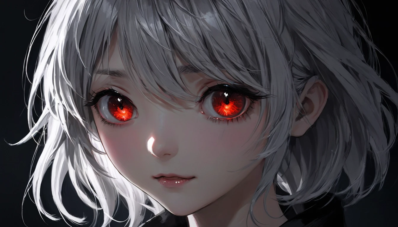 In a pitch-black room, only the glowing red eyes of a silver-haired girl pierce through the darkness. Her hair is long and slightly disheveled, adding to the unsettling atmosphere. She has her head tilted to one side, with her mouth slightly open, revealing a chilling, thin smile that radiates a sense of twisted anticipation. The darkness surrounds her completely, making her eyes and eerie expression the only things visible as she waits, heart pounding, for her stalker target to return. The contrast between her pale silver hair and the dark environment heightens the sense of unease.
