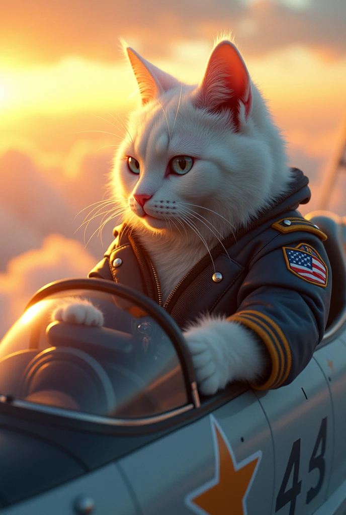 White cat in pilot suit sitting in fighter jet cockpit, that flies in the sky at sunset