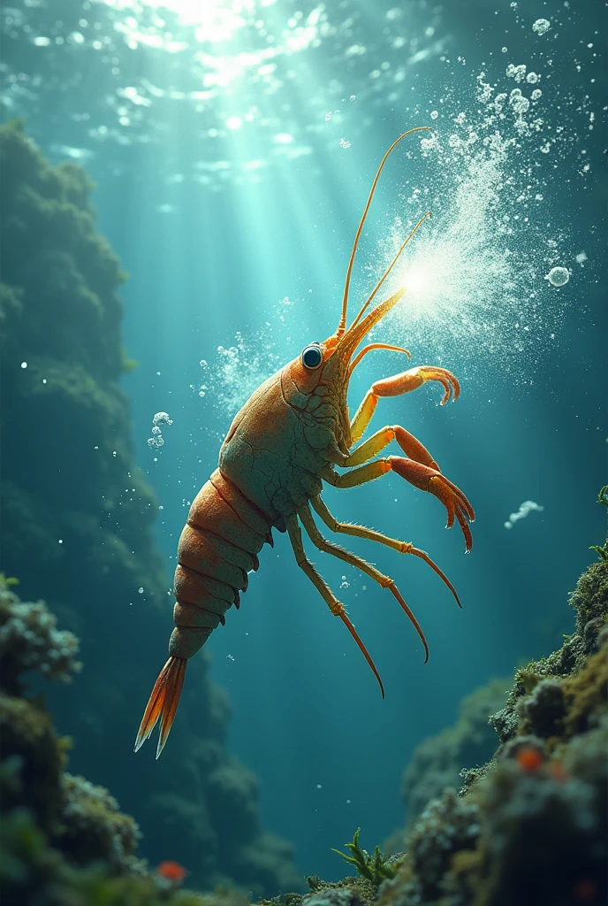 Creates an image of a pistol shrimp burning and evaporating the water around it with one of its shots into the water
