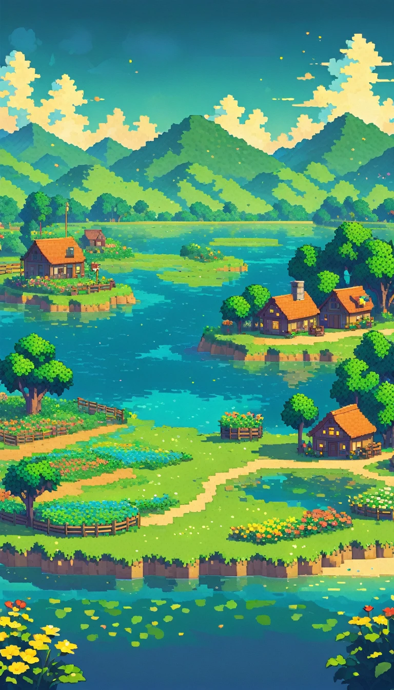 ultrawide landscape lofi stardew valley pixel, lagoon, No people