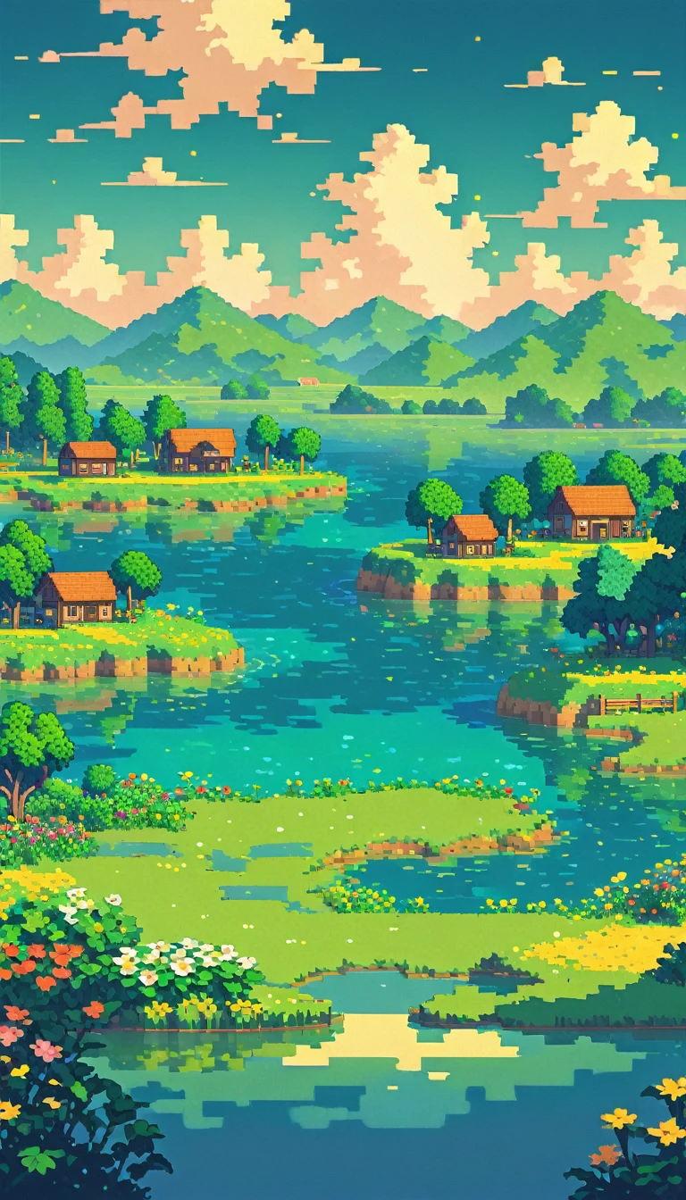 ultrawide landscape lofi stardew valley pixel, lagoon, No people