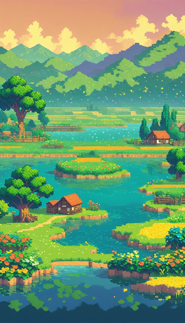 ultrawide landscape lofi stardew valley pixel, lagoon, No people