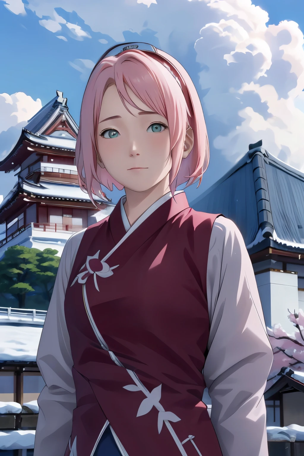 Sakura NS、8k、masterpiece、Best image quality、Very detailed、Perfect body、Moderate bust、Skin glows、Real、scenery、Cloudy、On the roof of the Japan castle、Close-up、Photographed from the front、Wide-angle lens