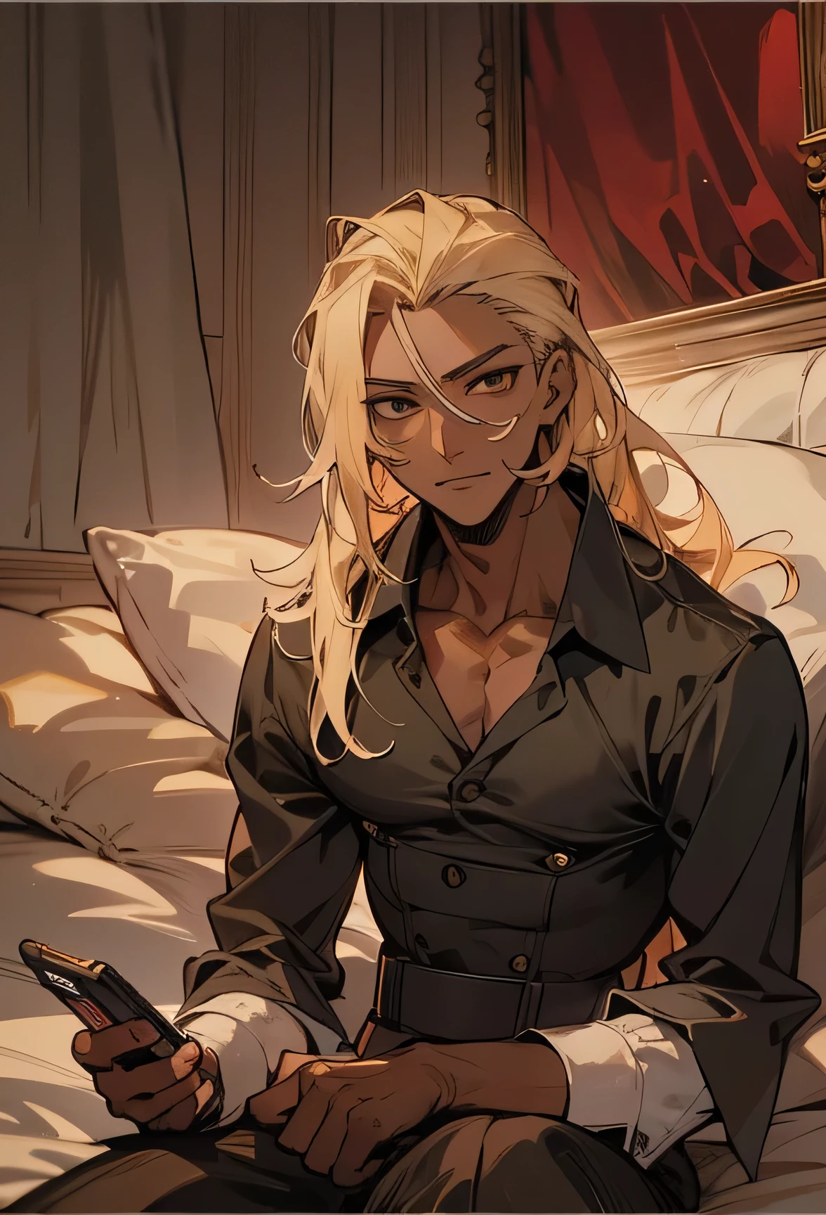 anime adult black man, male, long waist length bleached blonde hair, hair is waist length, long hair, hazel eyes,brown eyes, dark skin, lean build, Mid waist shot, sitting on edge of bed. Wearing black classical bellamy shirt with ruffles, with slacks. Masculine jawline. Has a sexually pleasured facial expression with a soft smile. Background is of an expensive bedroom with red colors with hints of green plants. Is holding a phone, looking at phone