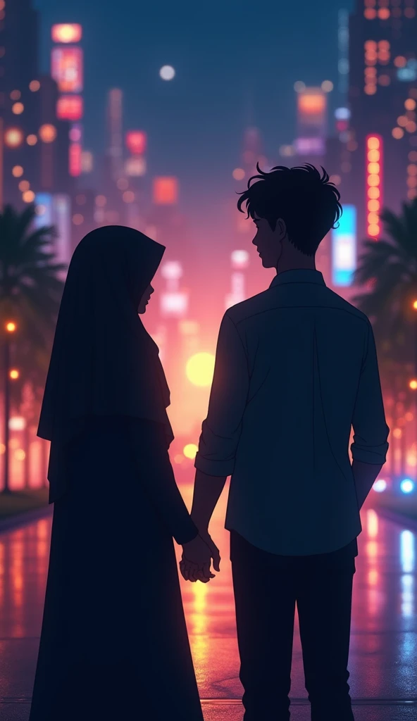 silhouette image of a woman in a hijab and a man holding hands, in the middle of the city at night, full of lights, the characters are just silhouettes, distant view:1.2, anime style