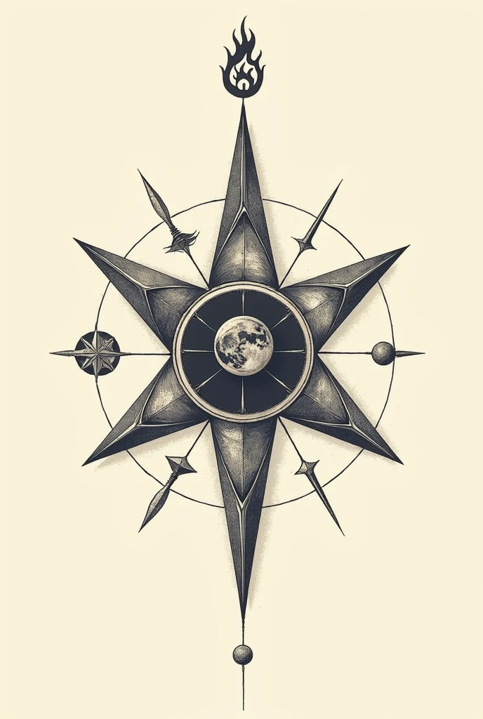 Five-pointed star with symbol of fire, air, earth and water, with the phases of the moon and the 4 cardinal points for tattoos