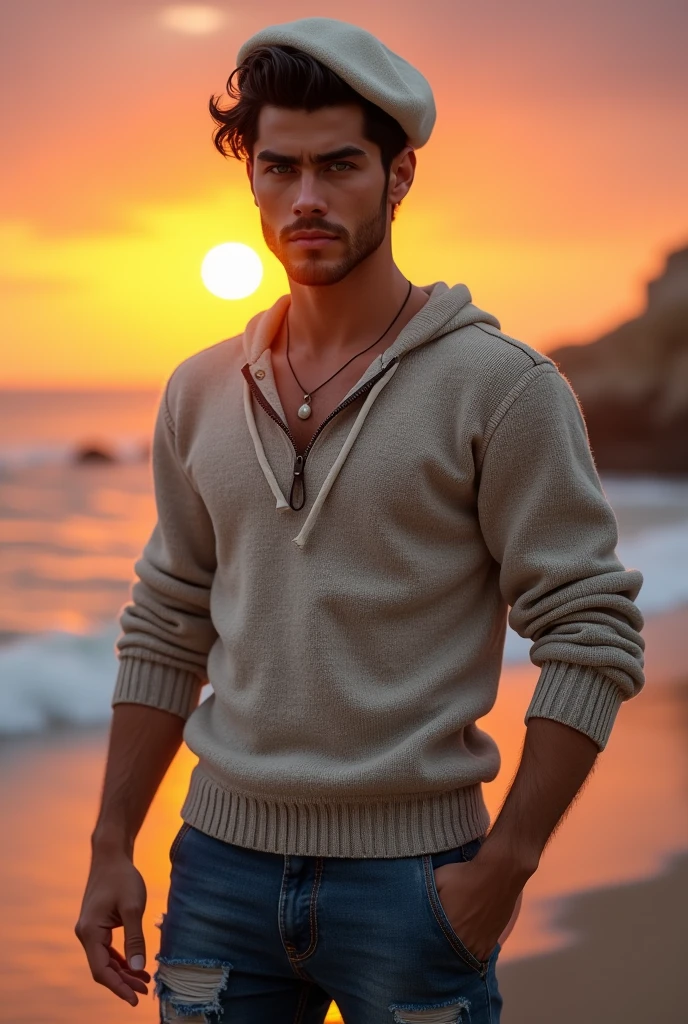 (photorealism:1.2), (8k) (detailed) (Whole body) facial features: Square face with a marked jaw, prominent cheekbones and thick, dark eyebrows. Adds youthfulness to your appearance.hair: hair oscuro, usually combed back or styled slightly tousled, which can vary between short and medium.eyes: eyes verdes oscuros, with a penetrating look that expresses confidence, with cross-shaped earrings on each side.Complexion: slim and well defined. Height 1.80, which gives it an imposing presence.style: Your style of dress: sweater with a white wool cap, ripped jean pants.Skin tone: Skin tone bronceado, typical of the Mediterranean.Expression: He usually has a serious or concentrated expression., Although he can display a charming and confident smile.(standing in a bold pose looking at the camera next to a sunset on the beach).