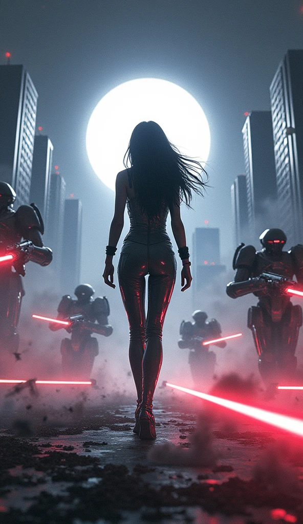 「Eclipse, the time-traveling phantom, emerges from a swirling black hole into a chaotic futuristic battlefield. The scene is dominated by towering skyscrapers and advanced military robots engaged in fierce combat. The robots are equipped with powerful laser guns, creating a dazzling array of laser beams crisscrossing the scene as they fire upon each other. Eclipse, with her jet-black hair and sleek gray leather suit, stands in the middle of the crossfire, her figure illuminated by the intense, multicolored laser beams. The black hole behind her distorts the space, with dark, swirling energy blending into the chaos of the futuristic war zone. Smoke and debris fill the air, enhancing the sense of explosive action and high-tech warfare. The atmosphere is electric, with the constant flash of lasers and the hum of advanced weaponry creating a visually striking and dynamic environment.」