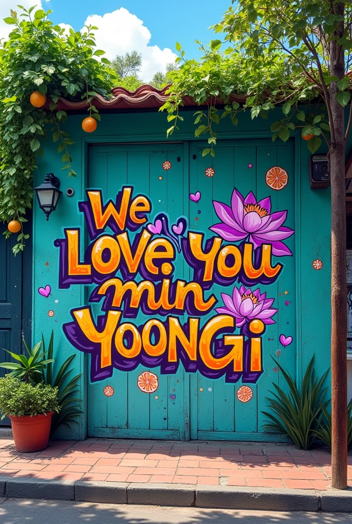 Wall on a Brazilian street with vegetation on the sidewalk, withouth People, with graffiti saying:' we love you Min Yoongi '. with purple details, small drawings of tangerines and lotus flower.
