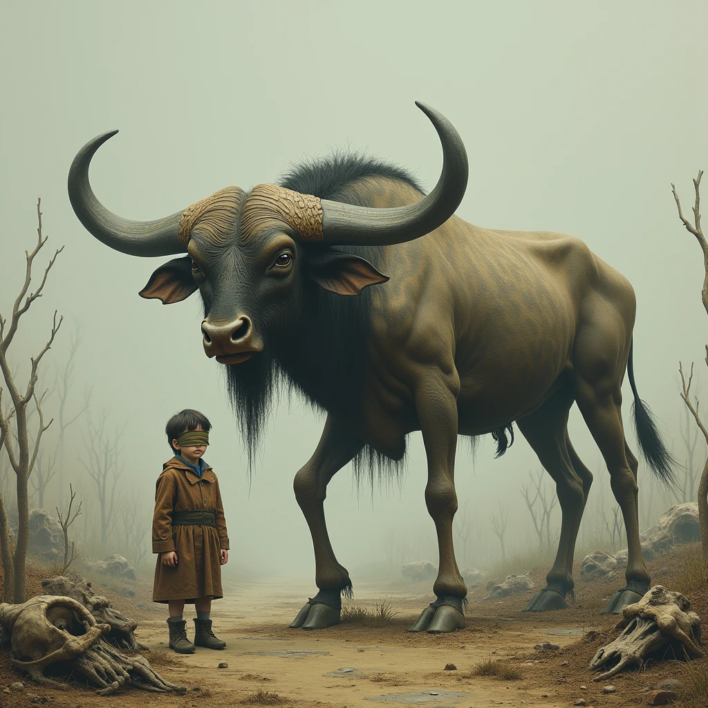 One day a buffalo has dried up and lost its senses, there is no one there except a five-year-old boy whose eyes are bandaged, or near him are the skeletons of dead animals.