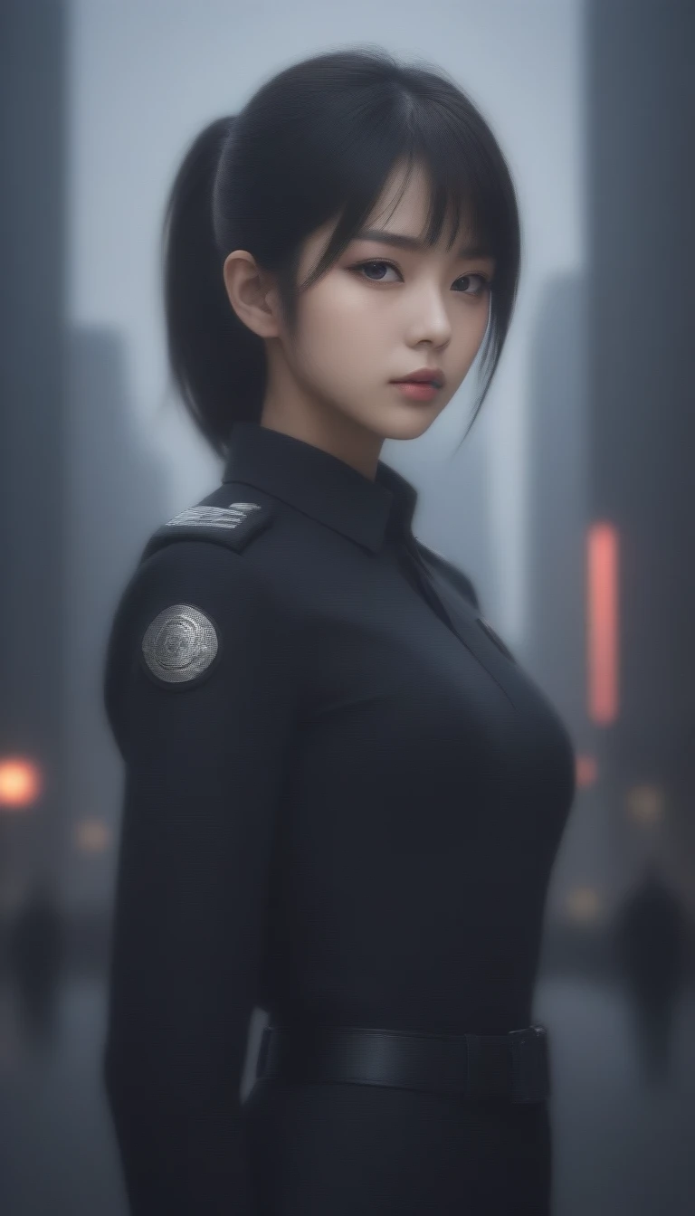 8k, Ultra-high resolution, Highest quality, masterpiece, 三分割法によるphotograph,Surreal, photograph, 1 , (:1.3), cute, cute顔, 細部までBeautiful Eyes, 細かくdetailedに,masterpiece,One Girl:1.2,Japanese women,Policewoman,upper body,glaring,Black short hair,Ponytail,ID photo,(Police officer of the future:1.3),cyber punk,Future City,white collar,((Fusion of humans and androids))(Beautiful attention to detail),Subtle details, detailedな顔,anger,Attractive eyes,(ポートレートphotograph:1.4),(Photorealistic images:1.4),Fantasy art,(Beautiful Face:1.4),美しくAttractive eyes、Beautiful Eyes,Silver residue,(Tight waist:1.4)、(Beautiful with perfect body proportions:1.4),Pink Lips,profile,(((Ideal body type))),A-cup small breasts :2,、Portraiture:2、Perfect Anatomy、鮮明なdetailed、detailed,Fashion magazine cover,Thin lips,完璧でBeautiful Face ,完璧でcute顔, Skin with attention to detail, Perfect limbs、Narrow waist,Surreal,Light and shadow,spotlight