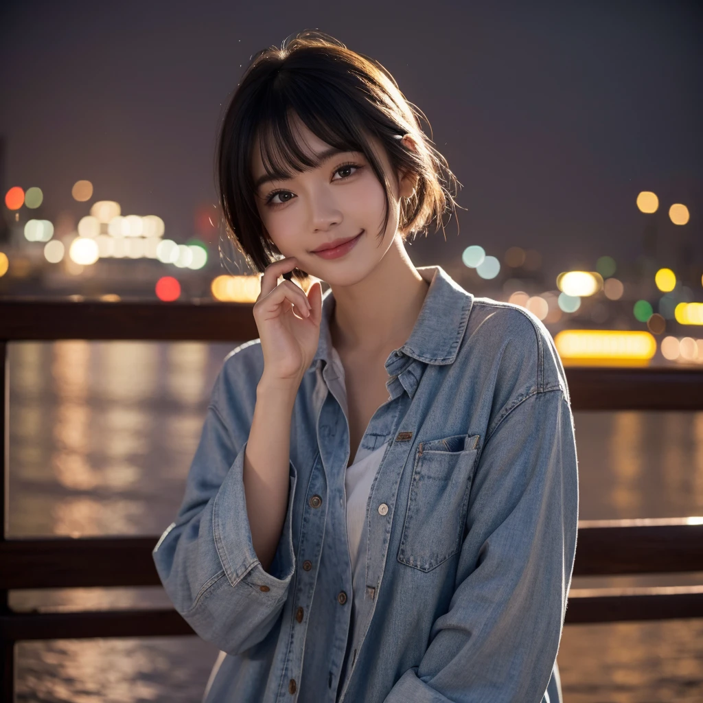 (Highest quality, masterpiece), One person, Intricate details, beautiful細部までこだわった顔, shirt, View your viewers, Rainy cityscape, blush, Open your mouth, Black Hair, short hair, Blunt bangs, Happy, Are standing, Cowboy Shot,solo, High resolution, smile,beautiful,cute,Dimples,High resolution,
