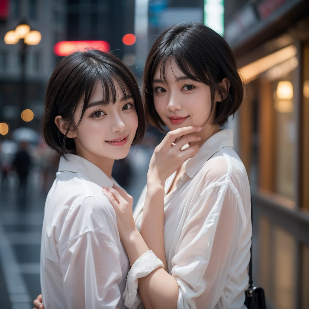 (Highest quality, masterpiece), One person, Intricate details, beautiful細部までこだわった顔, shirt, View your viewers, Rainy cityscape, blush, Open your mouth, Black Hair, short hair, Blunt bangs, Happy, Are standing, Cowboy Shot,solo, High resolution, smile,beautiful,cute,Dimples,High resolution,