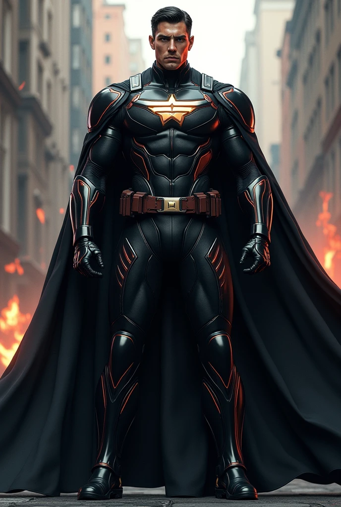 Inspired by Captain America from The Boys Physical: Sentinel has an imposing stature, with 1,90m tall and well-defined muscles. Your presence is intimidating, with an always upright and confident posture.
tenue: His uniform is a high-tech armor, with a predominantly black color palette with red and gold accents. The armor has an elegant design, mixing functionality with ostentation, reflecting your ego. He also wears a long cape, black as night, which adds a dramatic air to their appearances.
muka: An angular face with a strong jawline, icy blue eyes that seem to penetrate the soul. Her hair is short and black, always well combed. He has a light scar along his left eyebrow., a vestige of an ancient struggle.